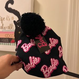 NWT Barbie pompom winter hat. OS, pink and black.